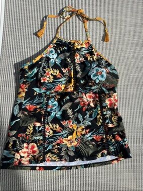 Time and Tru Tropical Floral Halter Tankini Top - Black with Multicolor Blooms